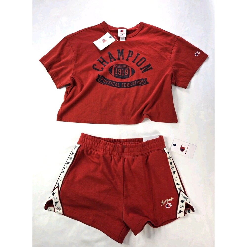 Champion Red Cropped Tee Oversized Fit Shorts Set Sporty Co-Ord S/M